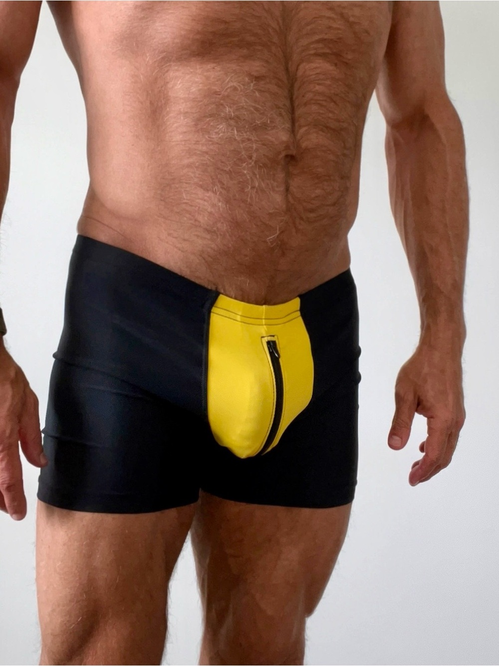 Mens Black Swim Trunks with Yellow Zip Pouch - Athletic Swimwear
